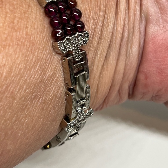 Vintage Marcasite, silver and Red Garnet Triple Row Beaded Bracelet - Picture 9 of 11